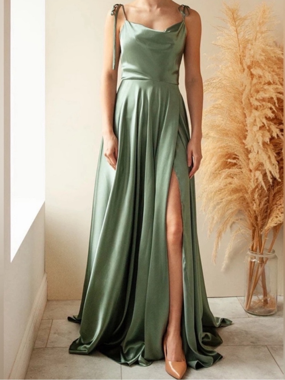 Moira Khaki | Cowl Neck Satin Maxi Dress with High Slit
